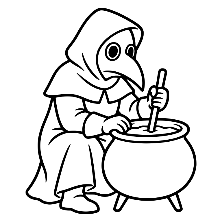Hooded Plague Doctor Stirring Cauldron While Crouching — free characters SVG cut file