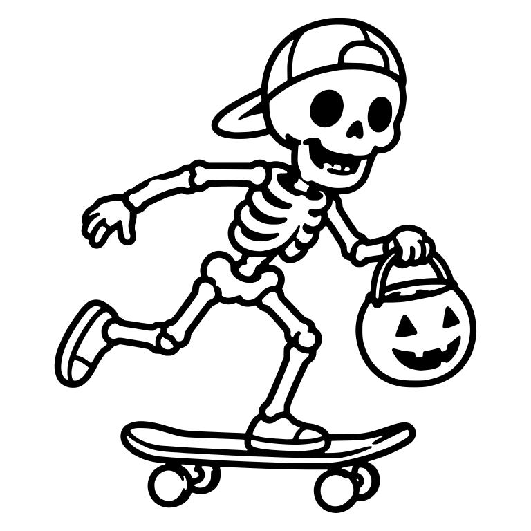 Skeleton Pushing Skateboard in Backwards Cap with Pail — free skeleton SVG cut file