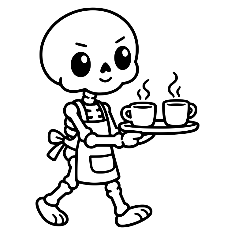 Kawaii Skeleton Barista Carrying Two Coffee Cups on a Tray — free skeleton SVG cut file