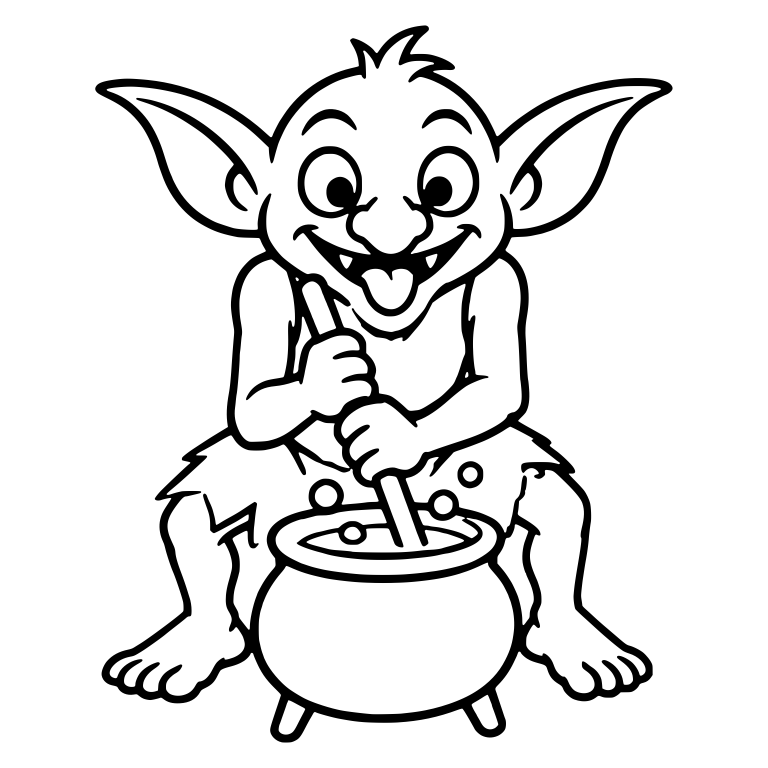Grinning Barefoot Goblin Stirring a Bubbling Cauldron — free fantasy-creature SVG cut file