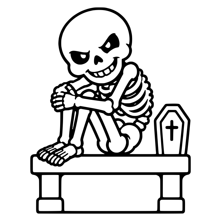 Grinning Skeleton Hugging Knees Beside a Tiny Coffin — free skeleton SVG cut file