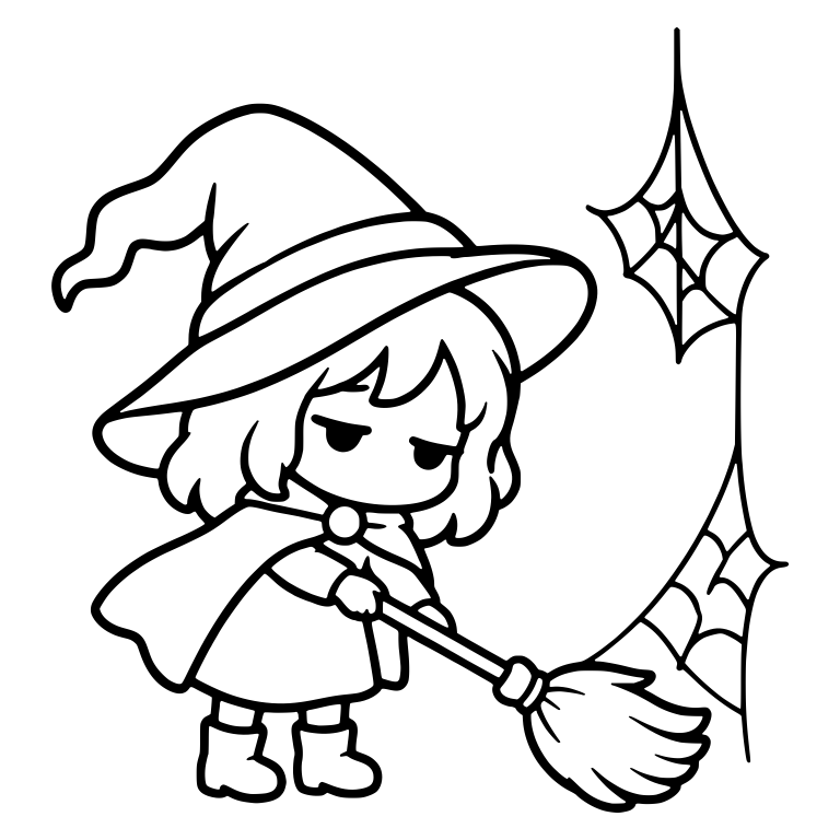 Bored Witch Sweeping Corner Cobwebs With Broom — free characters SVG cut file