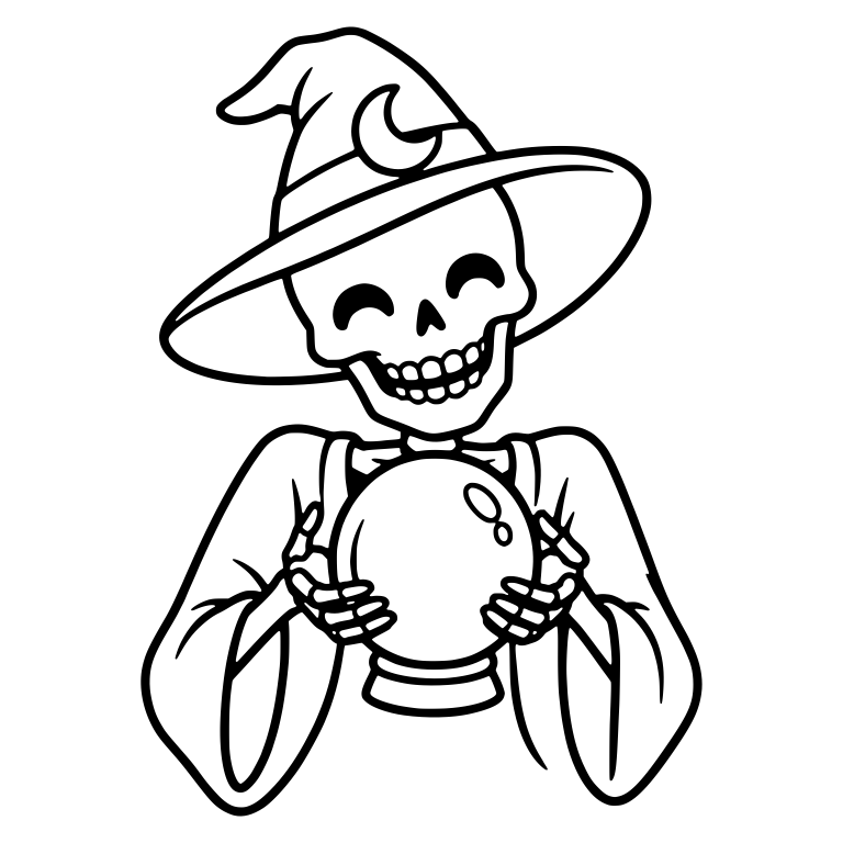 Laughing Skeleton in Moon Witch Hat Holding Crystal Ball — free skeleton SVG cut file