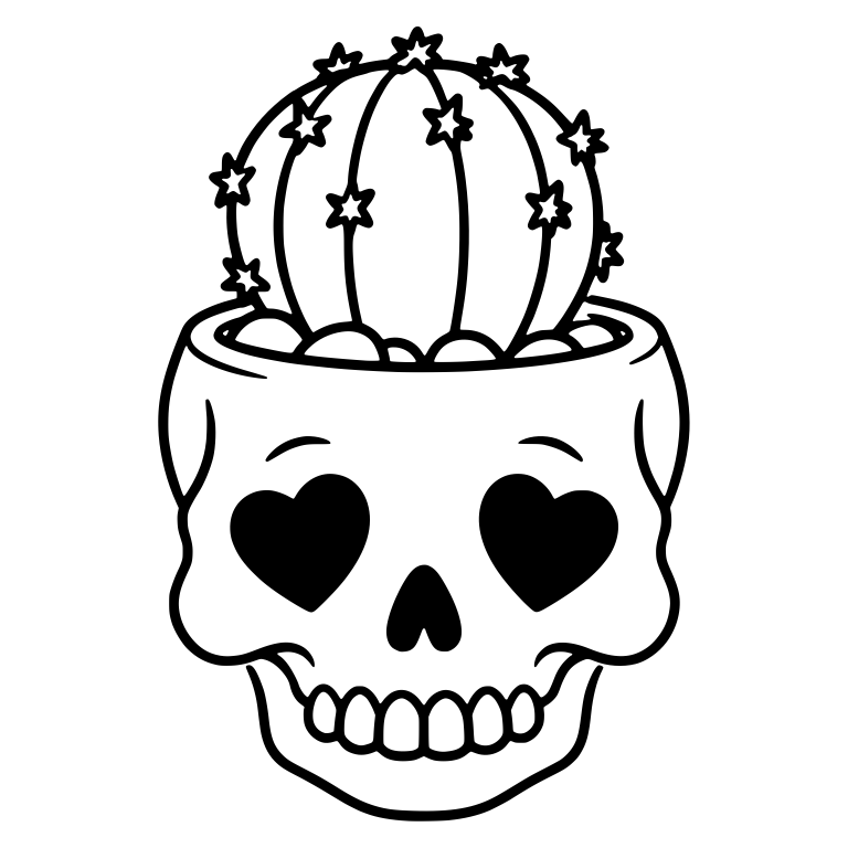 Heart-Eyed Skull Planter with Star-Dotted Cactus — free skeleton SVG cut file