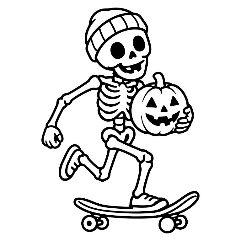 Skeleton in Beanie Pushing Skateboard with Pumpkin — free skeleton SVG cut file