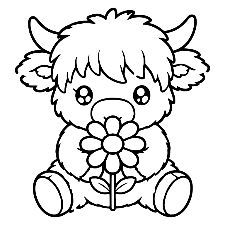 Sitting Highland Calf Holding a Big Daisy — free animal SVG cut file