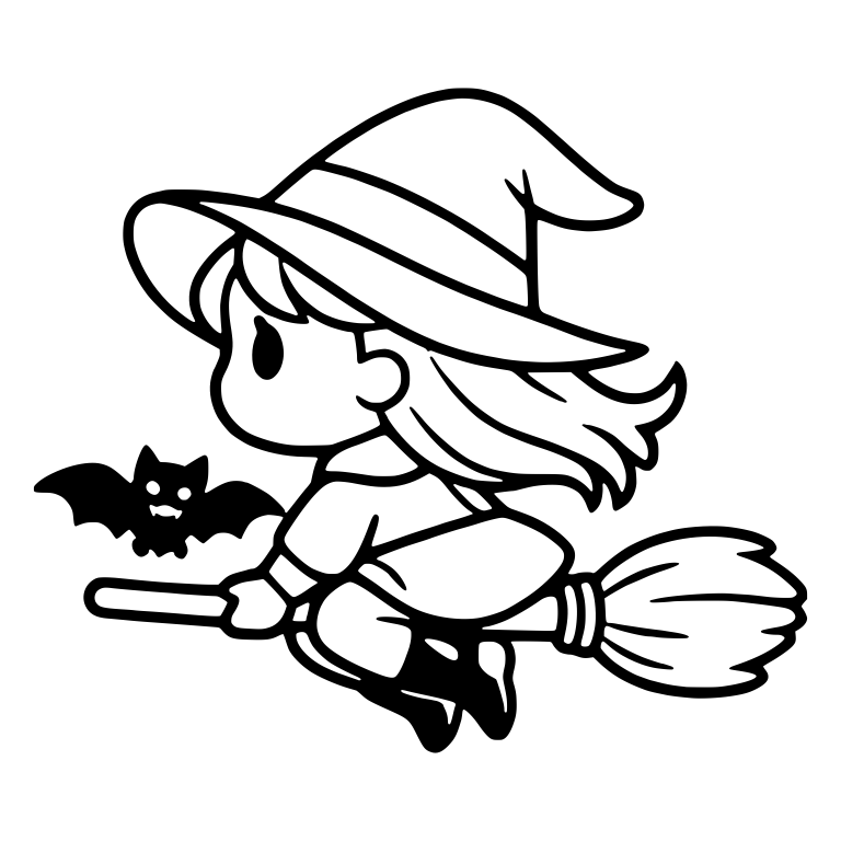 Witch Girl Flying on Broom with Little Bat — free characters SVG cut file