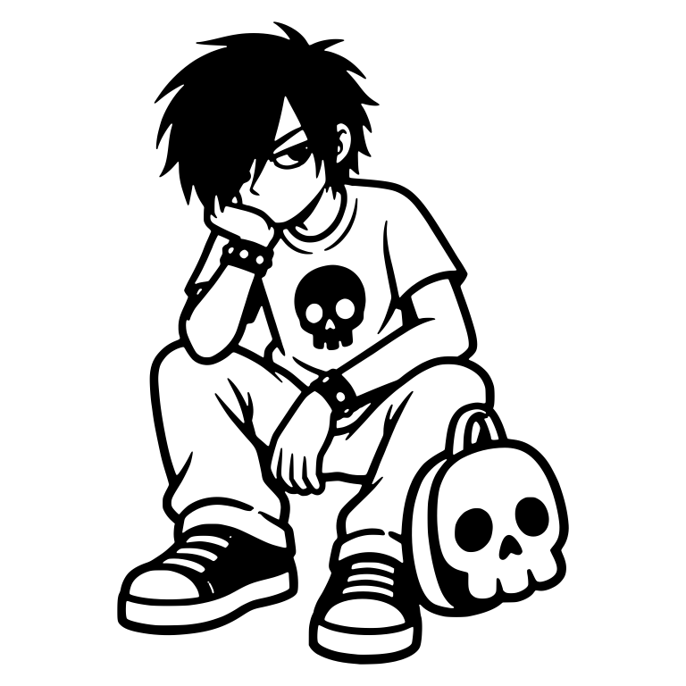 Emo Teen Sitting With Chin on Hand Beside a Skull Bag — free characters SVG cut file