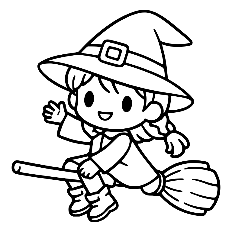 Witch Girl with Braid Riding Broom and Waving — free characters SVG cut file
