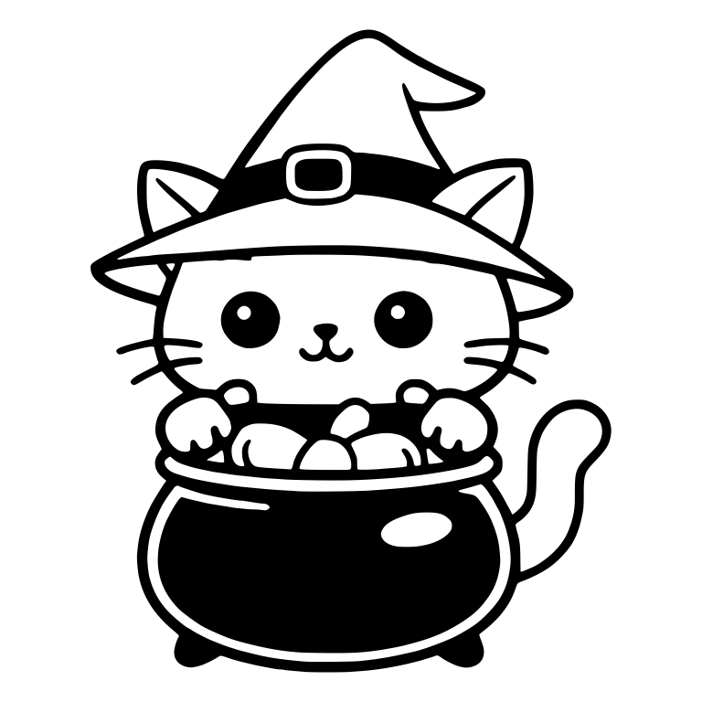 Cat in Witch Hat Peeking Out of a Black Cauldron — free animal SVG cut file