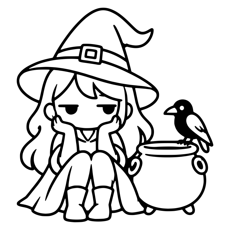 Bored Witch Sitting by Cauldron with Crow — free characters SVG cut file