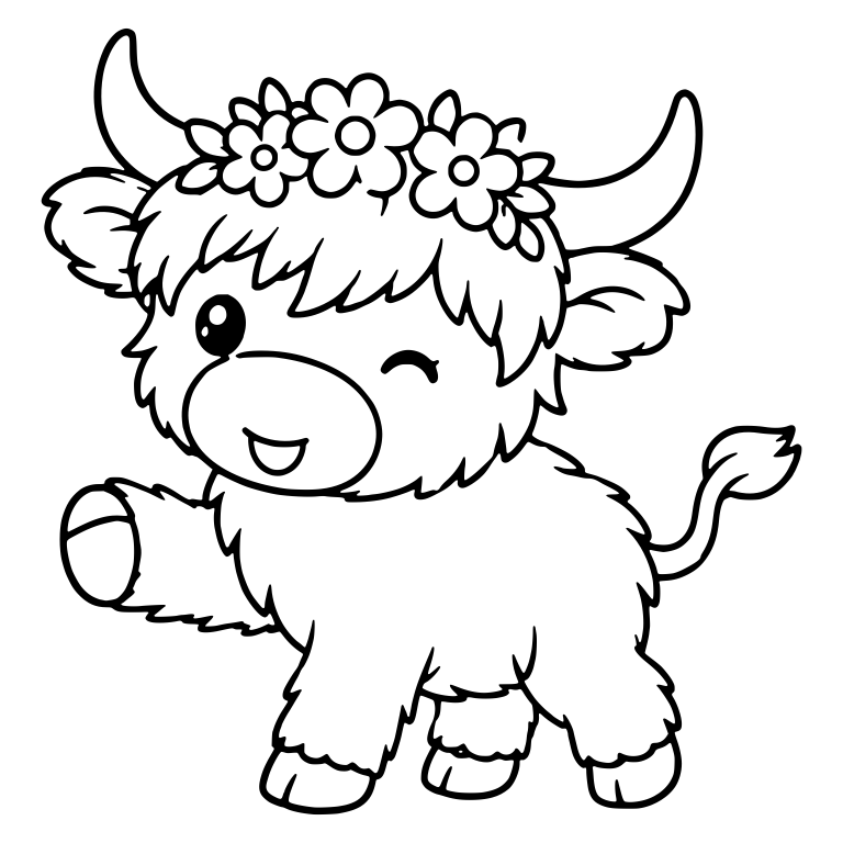 Winking Highland Calf Waving with Flower Crown — free animal SVG cut file
