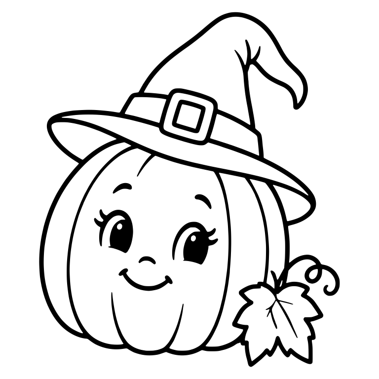 Smiling Pumpkin in Witch Hat With Eyelashes and Leaf — free holiday SVG cut file