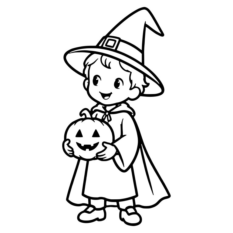 Child in Witch Costume Holding Jack-o'-Lantern — free characters SVG cut file