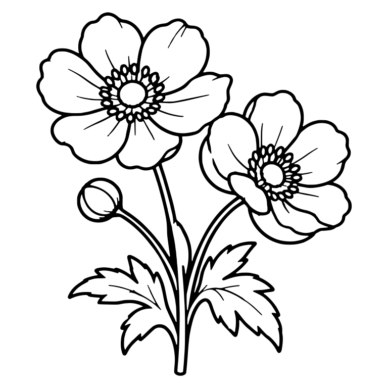 Two Japanese Anemones With One Bud And Lobed Leaves — free floral SVG cut file