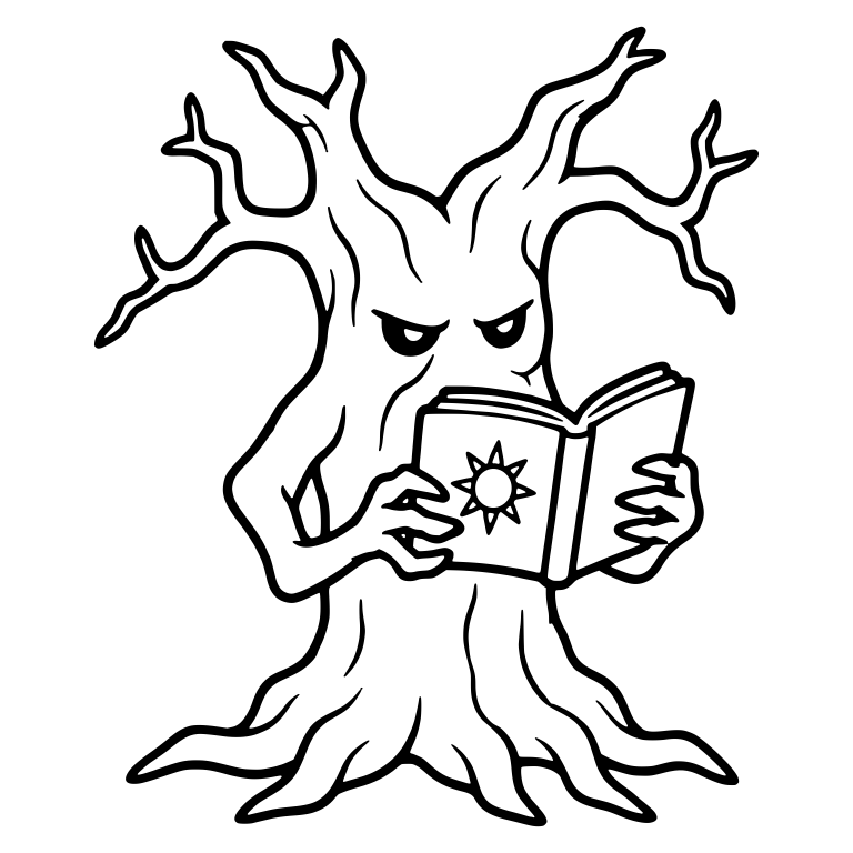 Grumpy Tree Reading Sun Spellbook with Both Hands — free floral SVG cut file