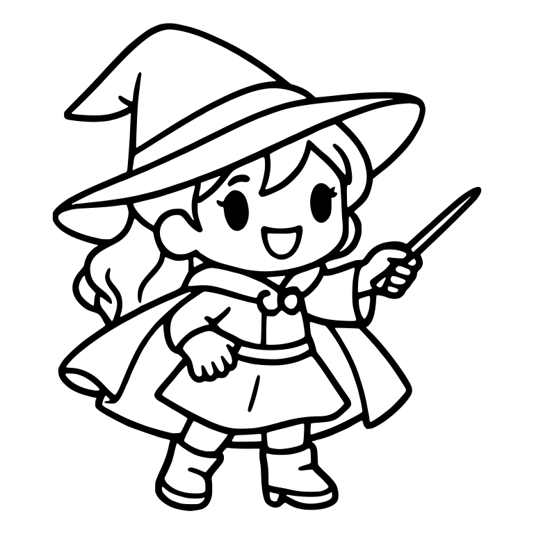 Witch Girl Pointing a Wand in a Flowing Cape — free characters SVG cut file
