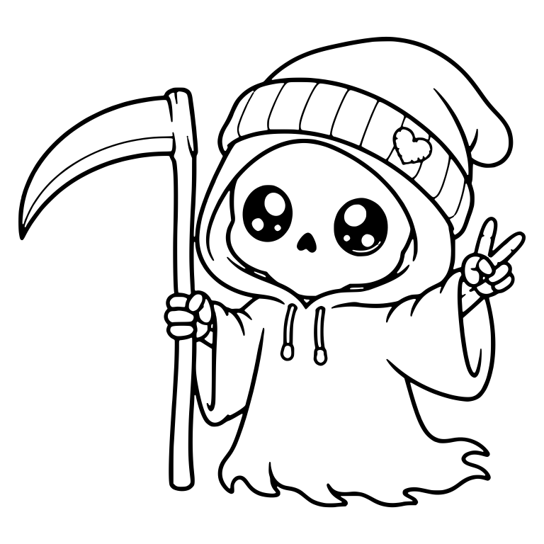 Big-Eyed Beanie Reaper With Scythe And Peace Sign — free characters SVG cut file