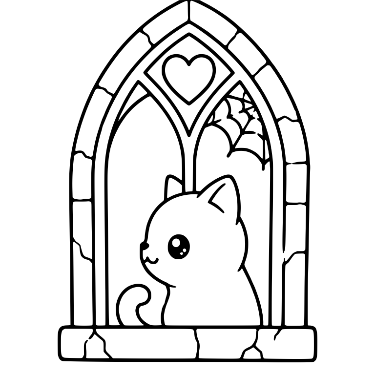 Kawaii Cat Sitting in a Gothic Arched Stone Window — free animal SVG cut file