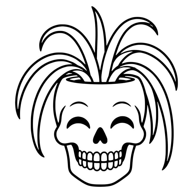 Laughing Skull Planter With Arching Spider Plant Leaves — free skeleton SVG cut file