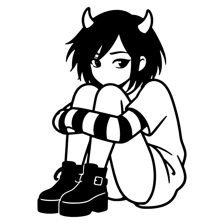 Sad Emo Girl with Devil Horns Hugging Her Knees — free characters SVG cut file