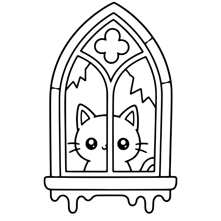 Cat in Gothic Arched Window With Dripping Sill — free animal SVG cut file