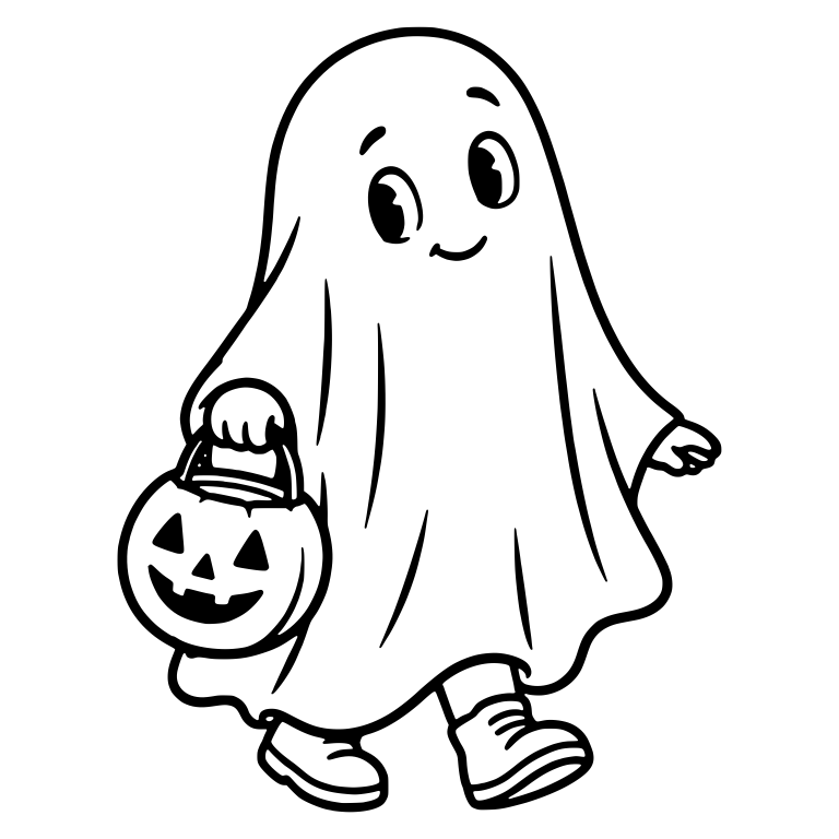 Sheet Ghost Kid Walking With Pumpkin Candy Bucket — free characters SVG cut file