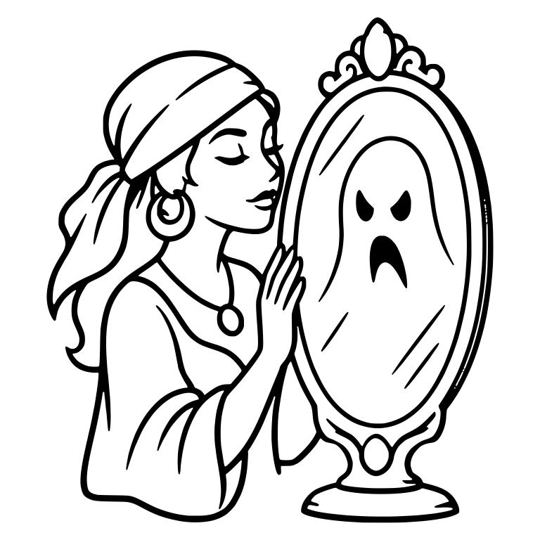 Fortune Teller Touching Haunted Mirror With Angry Ghost — free characters SVG cut file