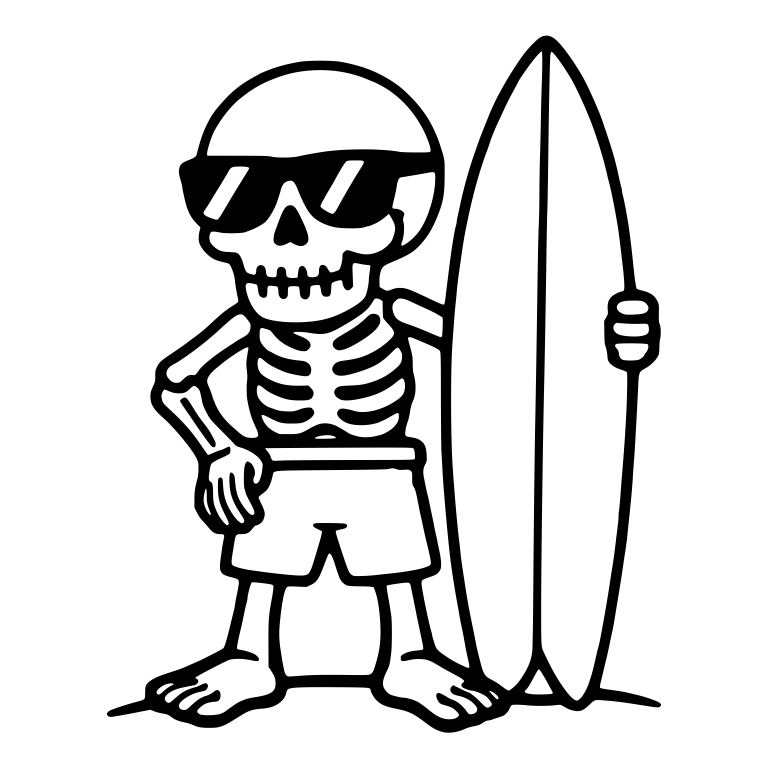 Cool Skeleton in Sunglasses Standing by Surfboard — free skeleton SVG cut file