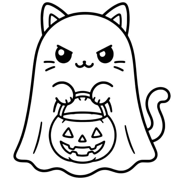 Grumpy-Eyed Ghost Cat Holding Jack-O-Lantern Bucket — free animal SVG cut file