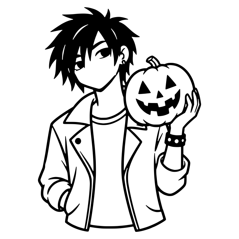 Emo Boy in Biker Jacket Holding Jack-o-Lantern by Cheek — free characters SVG cut file