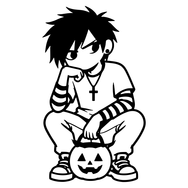 Squatting Emo Boy with Cross Necklace and Pumpkin Bucket — free characters SVG cut file