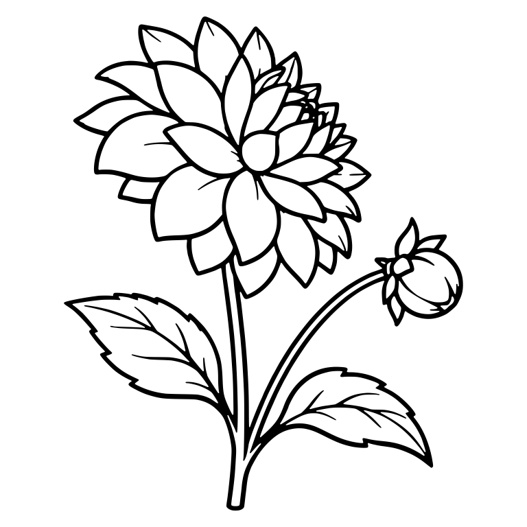 Tilted Dahlia With Side Bud and Two Leaves — free floral SVG cut file
