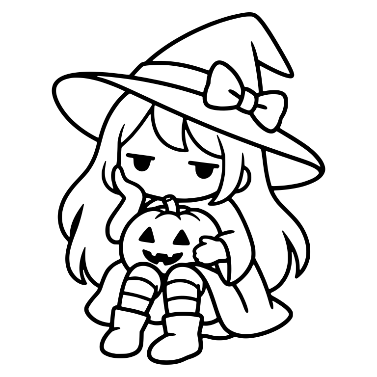 Bored Witch Sitting With Pumpkin and Hat Bow — free characters SVG cut file