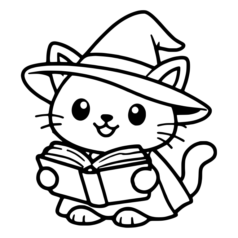 Happy Cat in Witch Hat Reading Open Book — free animal SVG cut file