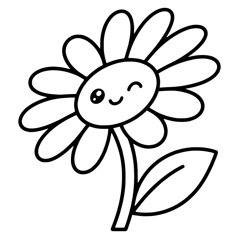 Tilted Winking Daisy With Curved Stem And One Leaf — free floral SVG cut file