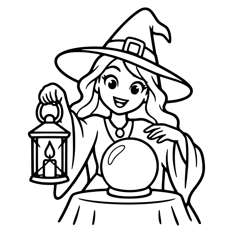 Cheerful Witch with Candle Lantern and Crystal Ball — free characters SVG cut file