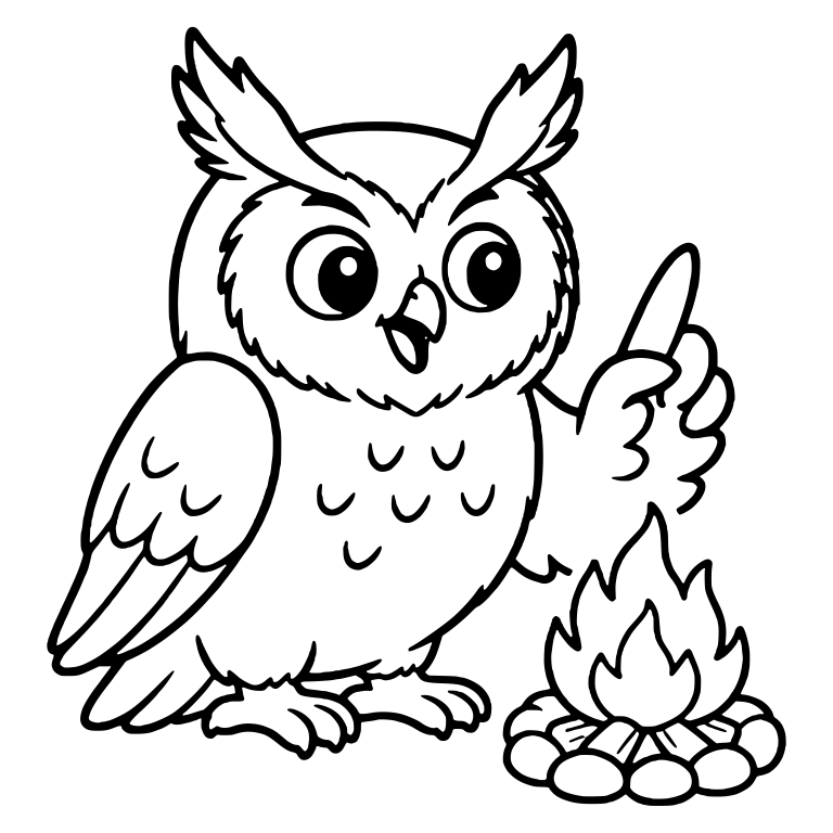 Owl Pointing Wing Up Beside Small Campfire — free animal SVG cut file