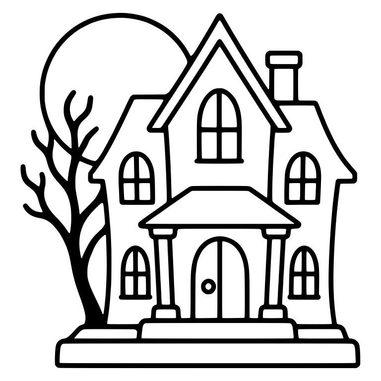 Haunted House With Full Moon and Bare Tree — free objects SVG cut file