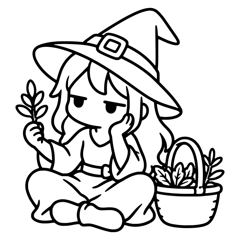 Bored Witch Sitting With Herb Sprig and Basket — free characters SVG cut file