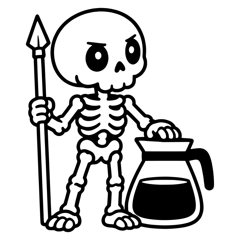 Grumpy Skeleton Guarding a Coffee Pot with a Spear — free skeleton SVG cut file
