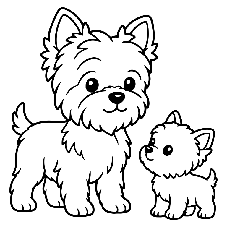Standing Yorkie Dog Smiling With Small Puppy Looking Up — free animal SVG cut file