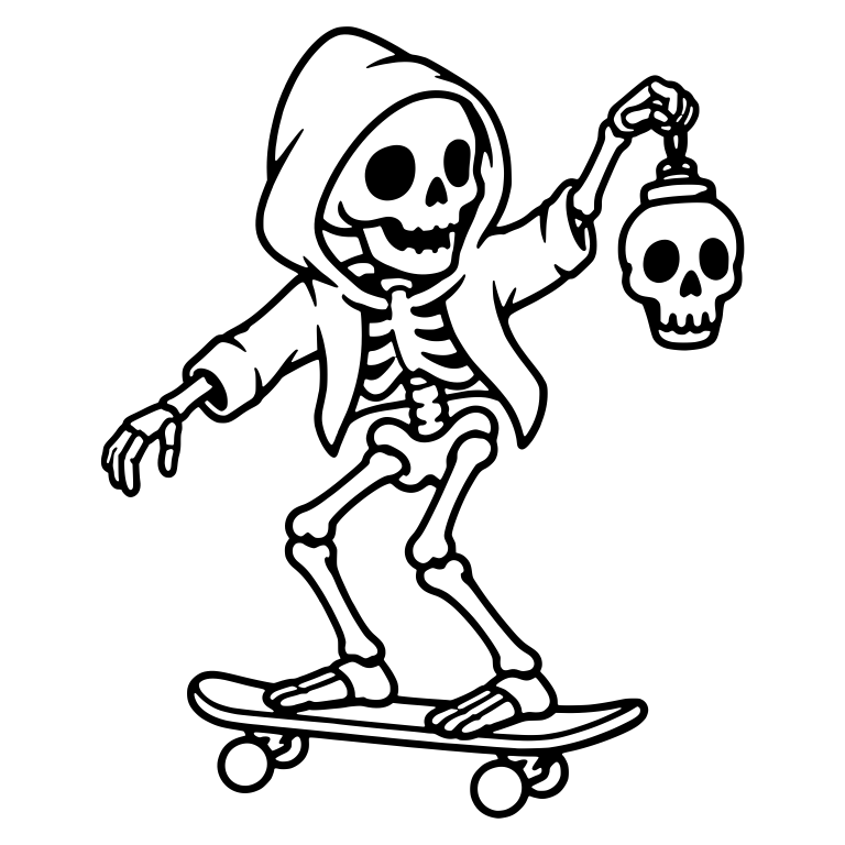 Hooded Skeleton Skater Holding Skull Lantern — free skeleton SVG cut file