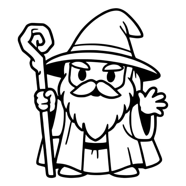 Grumpy Wizard With Curly Spiral Staff Waving — free characters SVG cut file