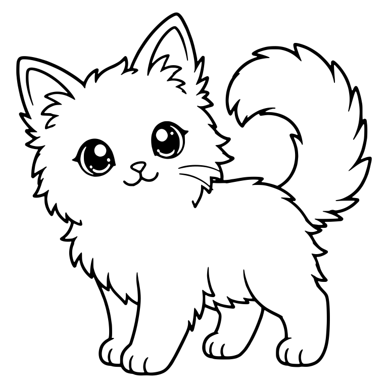 Fluffy Kitten Standing with Curled Plume Tail — free animal SVG cut file