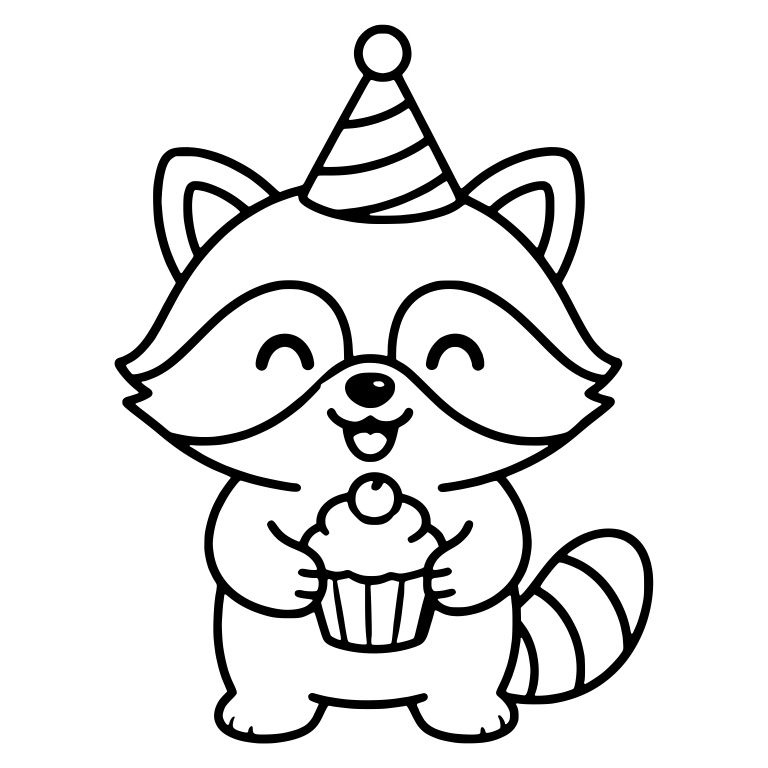 Birthday Raccoon in Party Hat Holding Cupcake — free animal SVG cut file