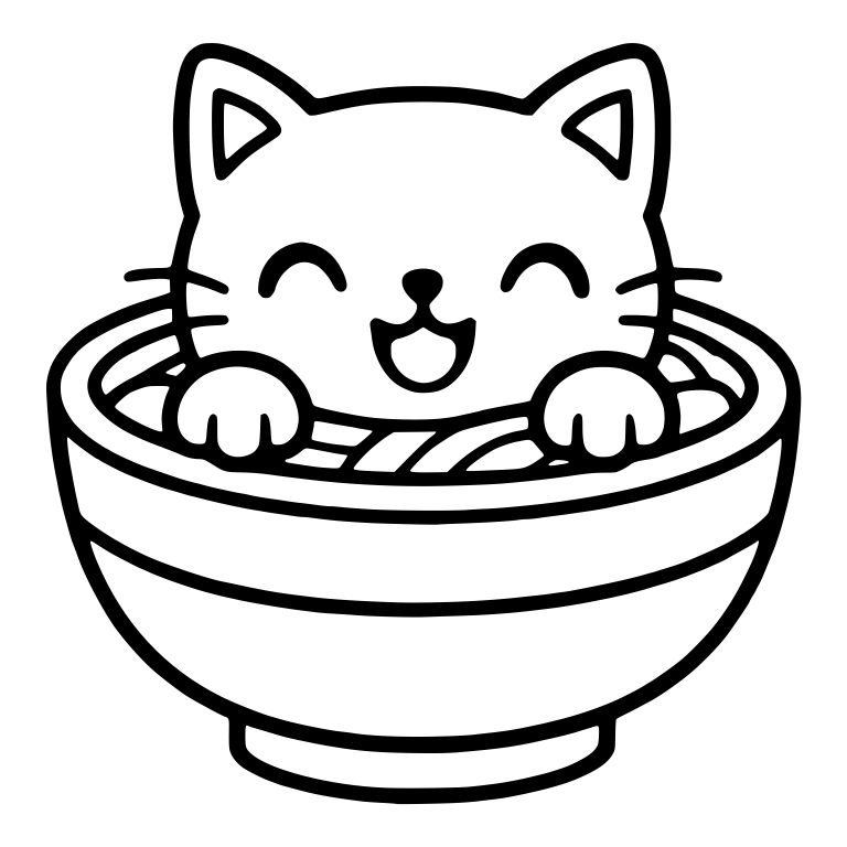 Laughing Cat With Pointed Inner Ears In Ramen Bowl — free animal SVG cut file