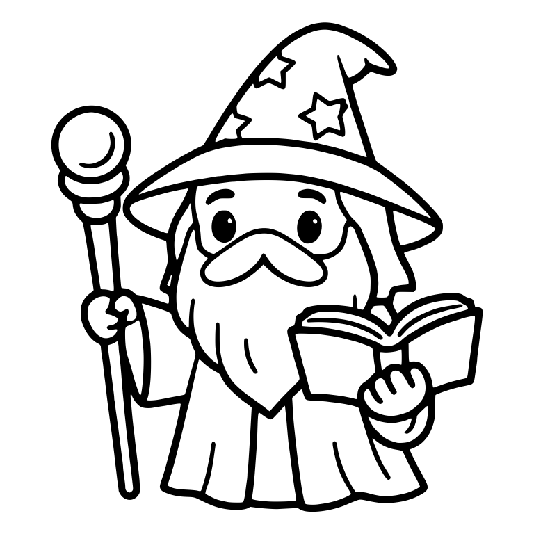 Bearded Wizard with Star Hat, Orb Staff and Book — free characters SVG cut file
