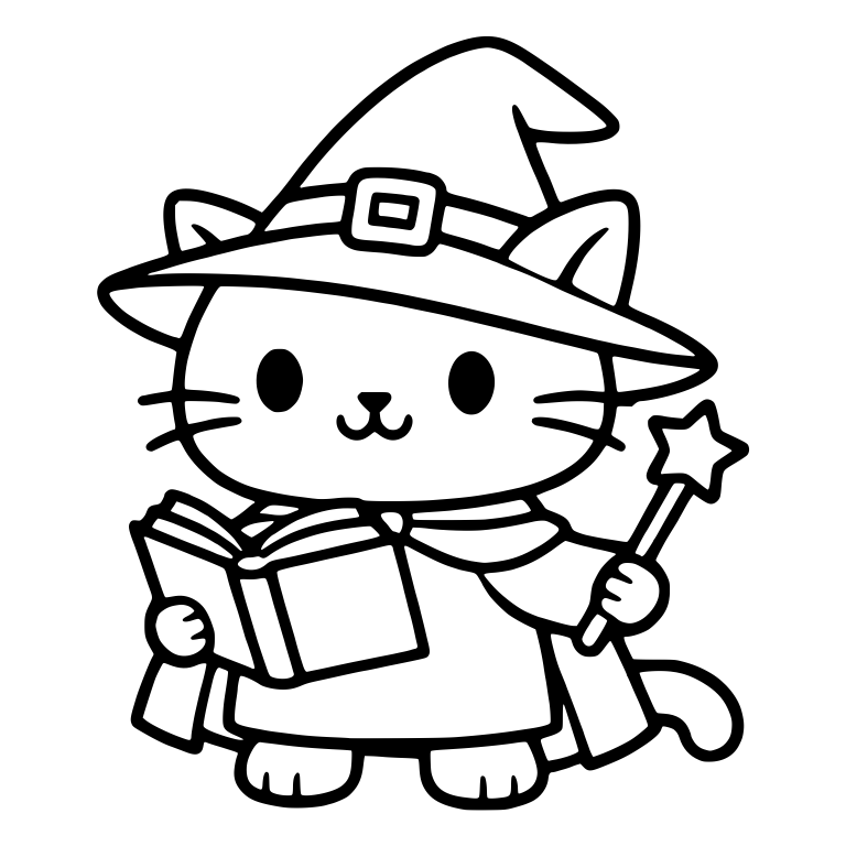 Cat in Witch Hat with Open Book and Star Wand — free animal SVG cut file