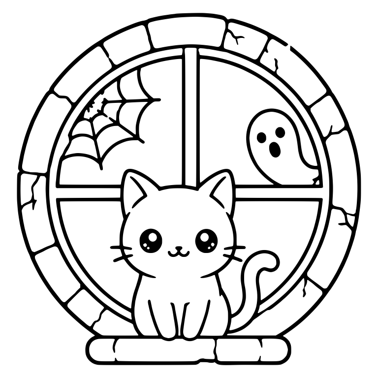 Cat in Round Stone Window With Spiderweb and Little Ghost — free animal SVG cut file